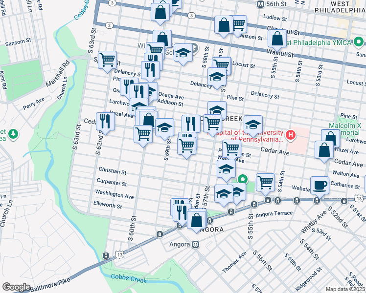 map of restaurants, bars, coffee shops, grocery stores, and more near 5822 Pemberton Street in Philadelphia