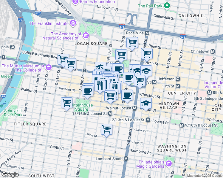 map of restaurants, bars, coffee shops, grocery stores, and more near 1616 Chestnut Street in Philadelphia