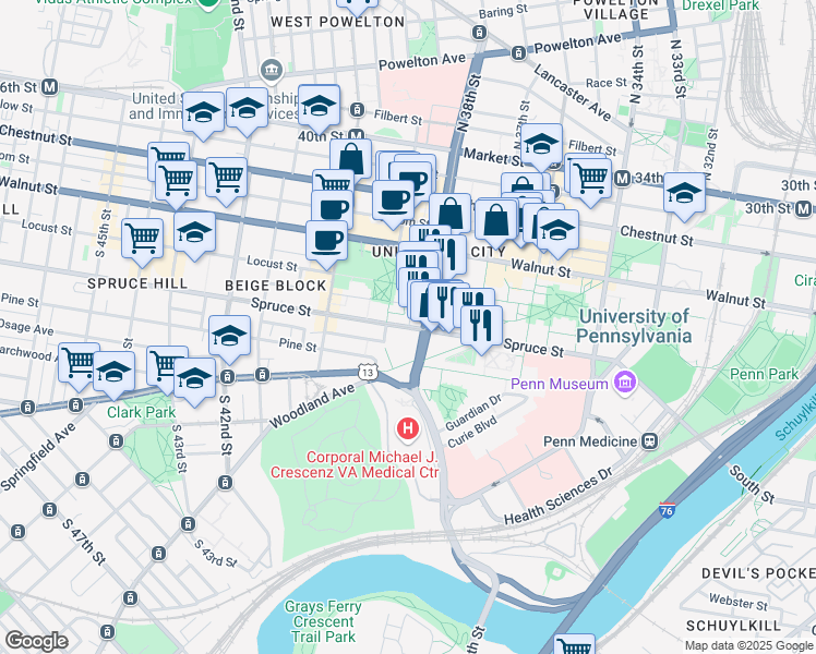 map of restaurants, bars, coffee shops, grocery stores, and more near Spruce Street in Philadelphia