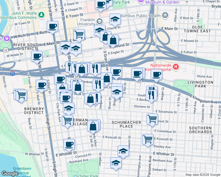 map of restaurants, bars, coffee shops, grocery stores, and more near 592 South Grant Avenue in Columbus