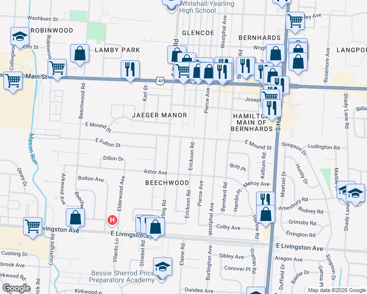 map of restaurants, bars, coffee shops, grocery stores, and more near 1132 Elaine Road in Columbus