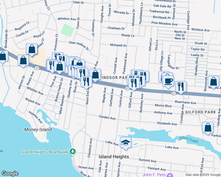 map of restaurants, bars, coffee shops, grocery stores, and more near 218 Garfield Avenue in Island Heights