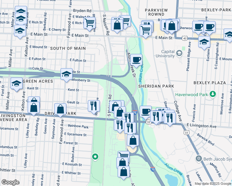 map of restaurants, bars, coffee shops, grocery stores, and more near 819 Lyman Avenue in Columbus