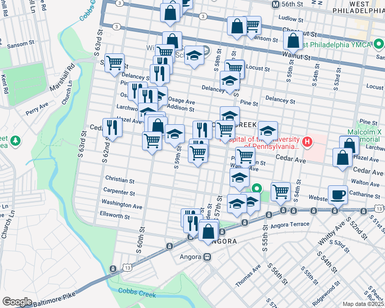 map of restaurants, bars, coffee shops, grocery stores, and more near 5828 Pemberton Street in Philadelphia