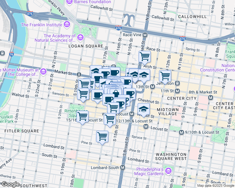 map of restaurants, bars, coffee shops, grocery stores, and more near 1508 Sansom Street in Philadelphia