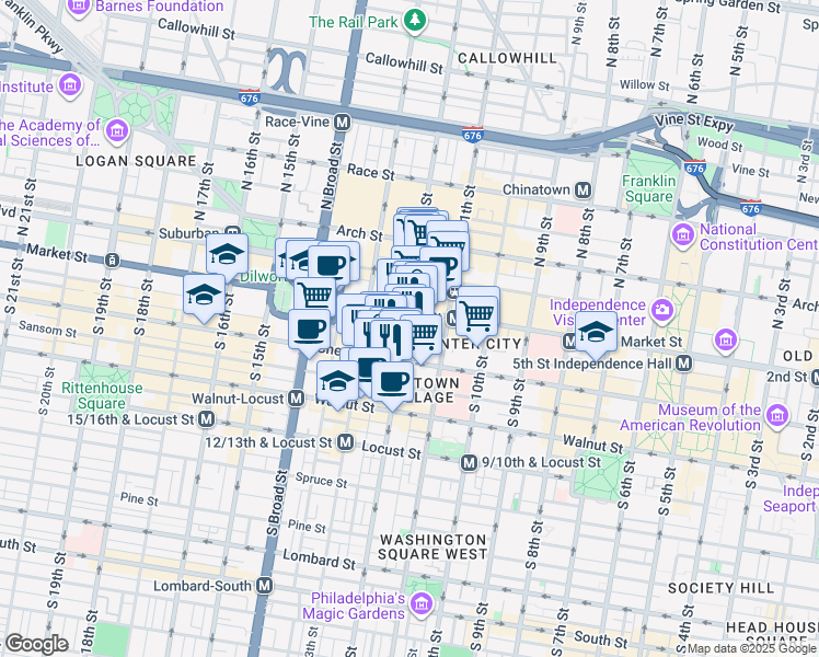map of restaurants, bars, coffee shops, grocery stores, and more near 1199 Ludlow Street in Philadelphia