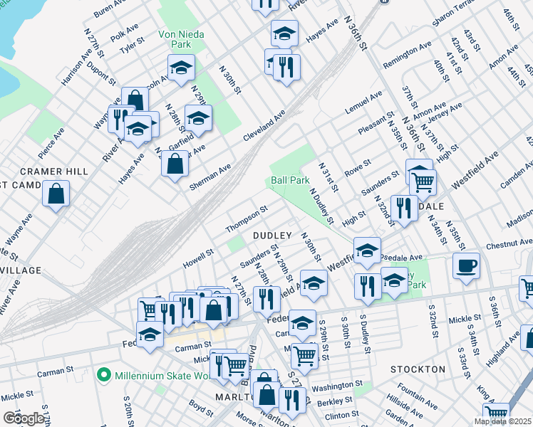 map of restaurants, bars, coffee shops, grocery stores, and more near 2826 Thompson Street in Camden