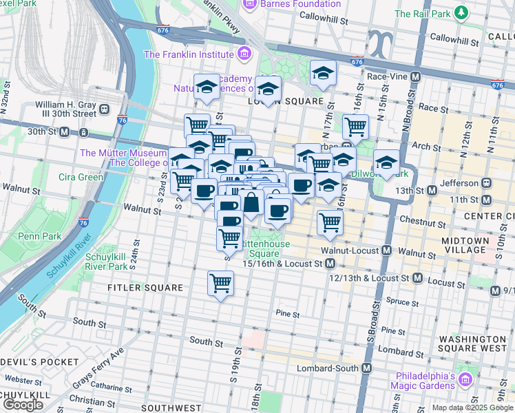 map of restaurants, bars, coffee shops, grocery stores, and more near 114 South 19th Street in Philadelphia