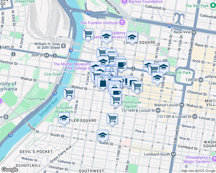 map of restaurants, bars, coffee shops, grocery stores, and more near 2052 Sansom Street in Philadelphia