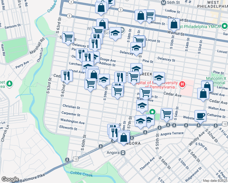 map of restaurants, bars, coffee shops, grocery stores, and more near 5828 Pemberton Street in Philadelphia