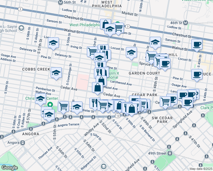 map of restaurants, bars, coffee shops, grocery stores, and more near 5131 Hazel Avenue in Philadelphia
