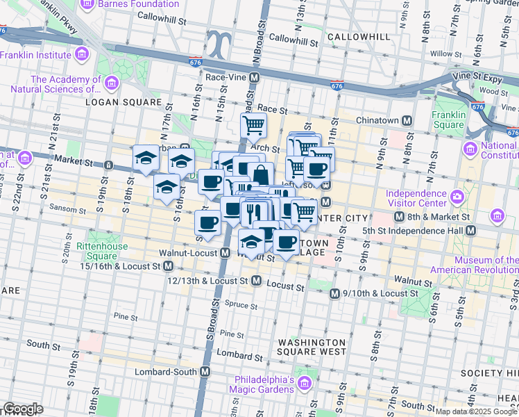 map of restaurants, bars, coffee shops, grocery stores, and more near in Philadelphia