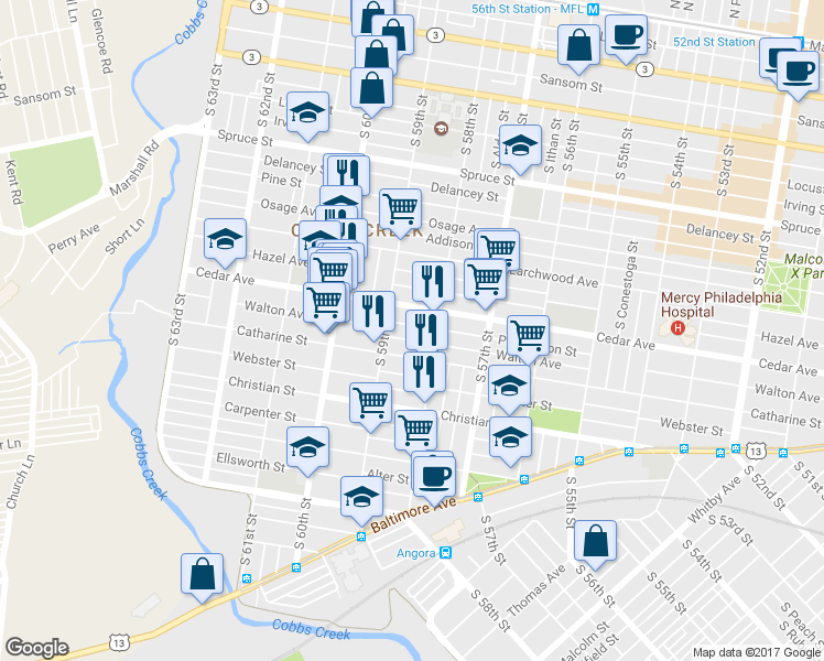 map of restaurants, bars, coffee shops, grocery stores, and more near 5832 Pemberton Street in Philadelphia