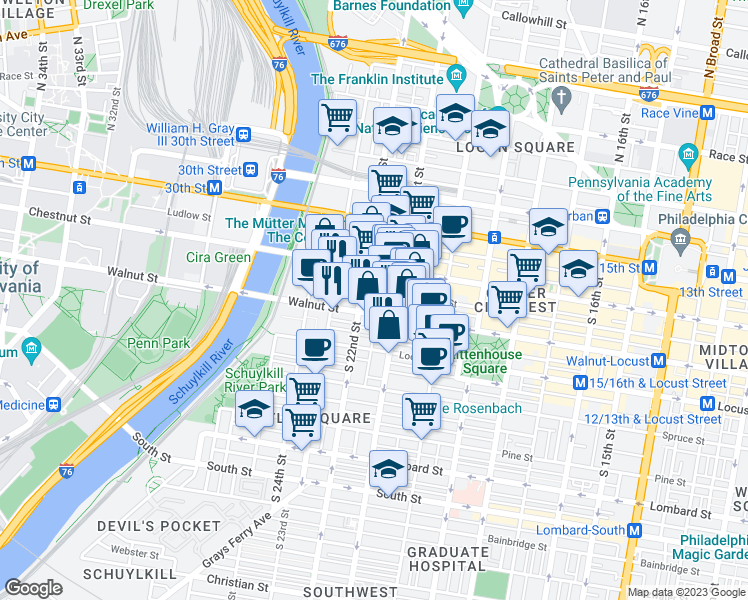 map of restaurants, bars, coffee shops, grocery stores, and more near 117 South Beechwood Street in Philadelphia