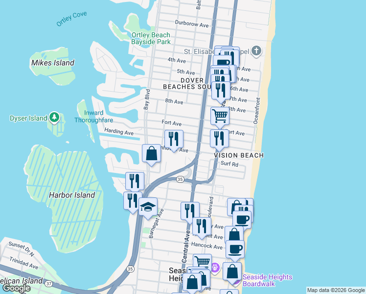map of restaurants, bars, coffee shops, grocery stores, and more near 209 Eisenhower Avenue in Seaside Heights