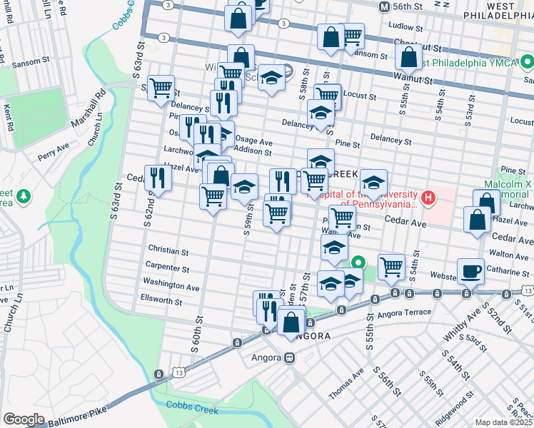 map of restaurants, bars, coffee shops, grocery stores, and more near 5832 Pemberton Street in Philadelphia
