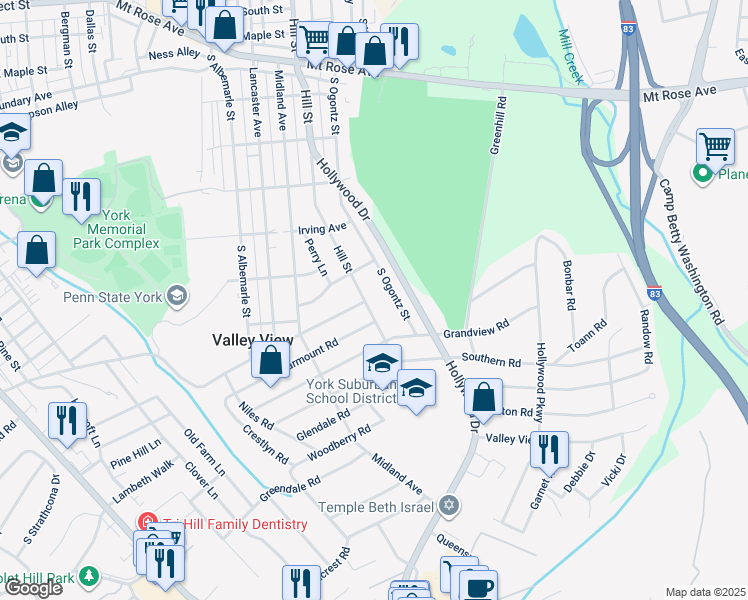 map of restaurants, bars, coffee shops, grocery stores, and more near 1331 Hill Street in York