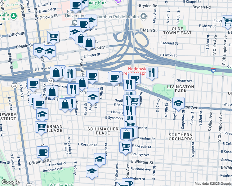map of restaurants, bars, coffee shops, grocery stores, and more near 627 Lehman Street in Columbus