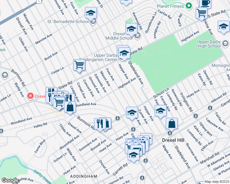 map of restaurants, bars, coffee shops, grocery stores, and more near 3514 Highland Avenue in Drexel Hill