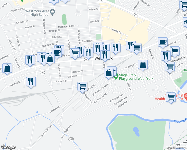 map of restaurants, bars, coffee shops, grocery stores, and more near 142 South Adams Street in York