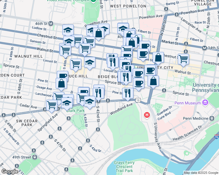 map of restaurants, bars, coffee shops, grocery stores, and more near 309 South 41st Street in Philadelphia