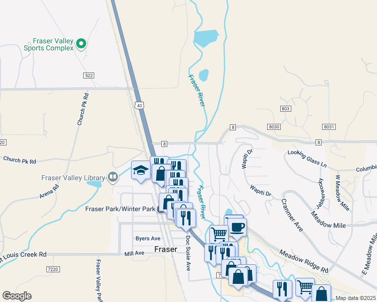 map of restaurants, bars, coffee shops, grocery stores, and more near 300 Sterling Way in Fraser