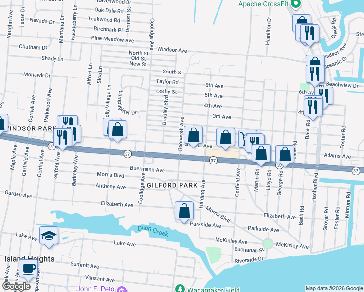 map of restaurants, bars, coffee shops, grocery stores, and more near 2202 New Jersey 37 in Toms River