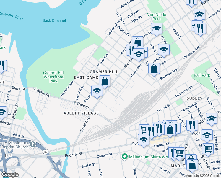 map of restaurants, bars, coffee shops, grocery stores, and more near 916 North 19th Street in Camden