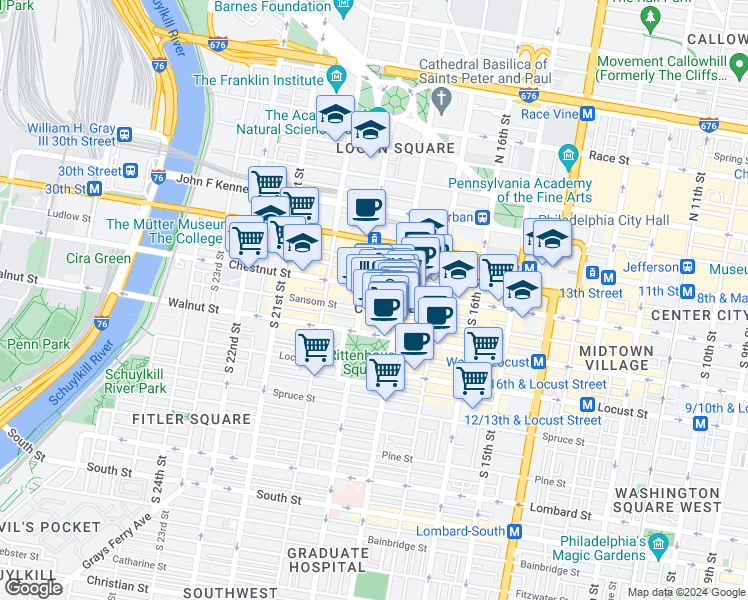 map of restaurants, bars, coffee shops, grocery stores, and more near 111 South 18th Street in Philadelphia