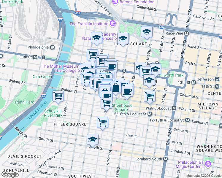 map of restaurants, bars, coffee shops, grocery stores, and more near 1998 Moravian Street in Philadelphia