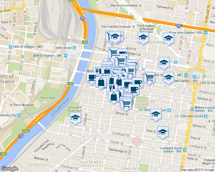 map of restaurants, bars, coffee shops, grocery stores, and more near in Philadelphia