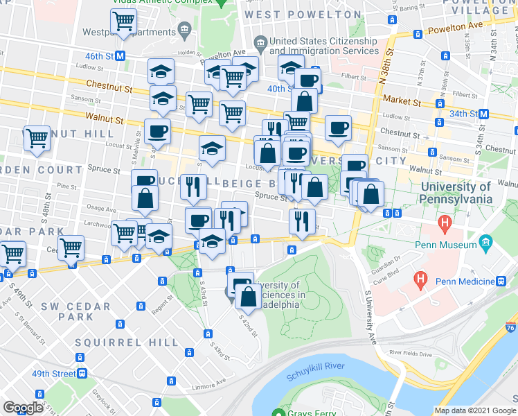 map of restaurants, bars, coffee shops, grocery stores, and more near 319 South 41st Street in Philadelphia