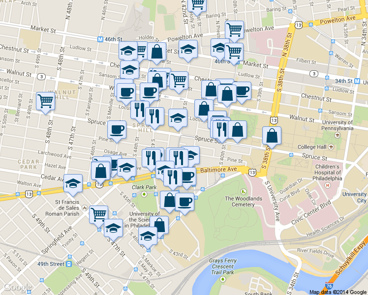 map of restaurants, bars, coffee shops, grocery stores, and more near in Philadelphia