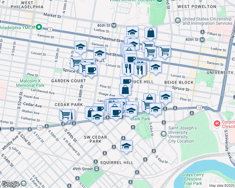 map of restaurants, bars, coffee shops, grocery stores, and more near 416 South 45th Street in Philadelphia
