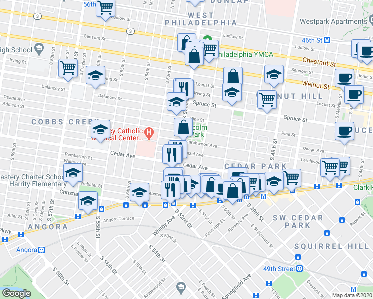 map of restaurants, bars, coffee shops, grocery stores, and more near 5146 Hazel Avenue in Philadelphia