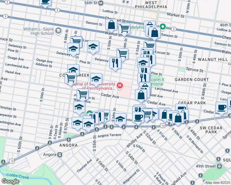 map of restaurants, bars, coffee shops, grocery stores, and more near 5410 Cedar Avenue in Philadelphia