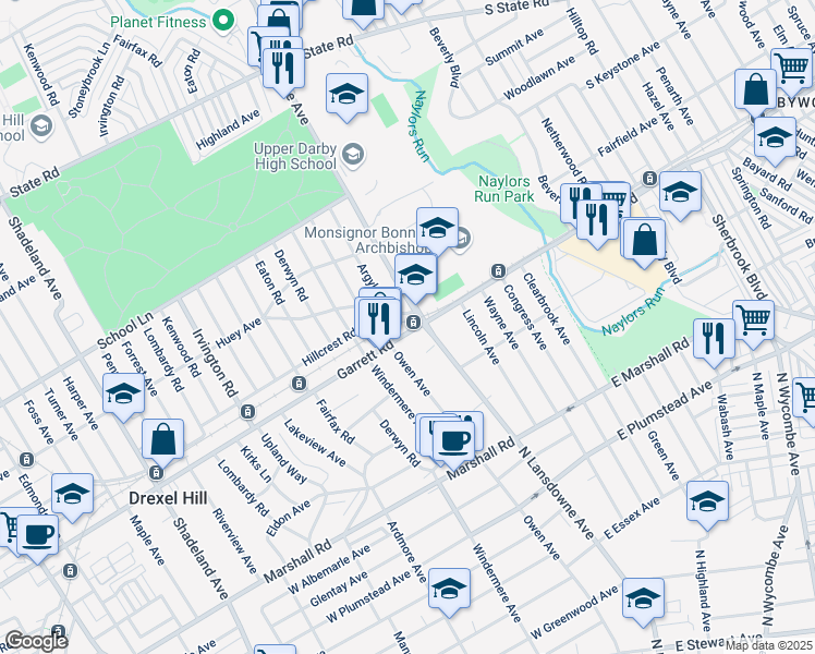 map of restaurants, bars, coffee shops, grocery stores, and more near in Drexel Hill