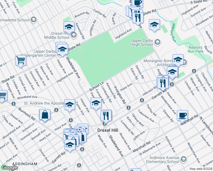 map of restaurants, bars, coffee shops, grocery stores, and more near 525 Lombardy Road in Drexel Hill