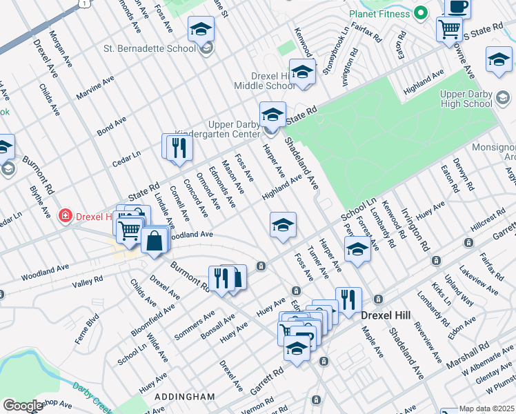 map of restaurants, bars, coffee shops, grocery stores, and more near 3514 Highland Avenue in Drexel Hill