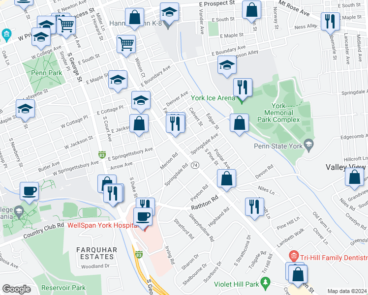 map of restaurants, bars, coffee shops, grocery stores, and more near 225 Springdale Avenue in York