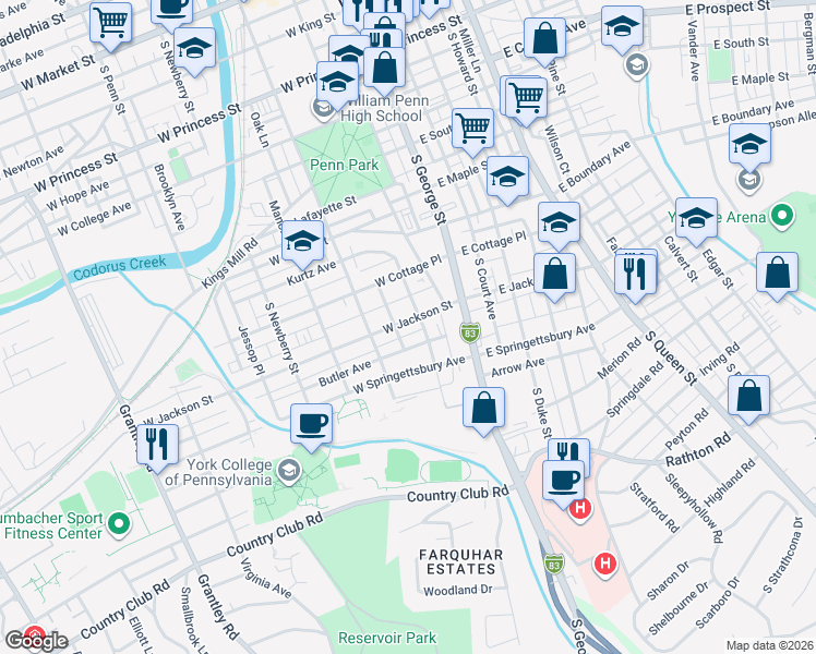 map of restaurants, bars, coffee shops, grocery stores, and more near 121 Butler Avenue in York