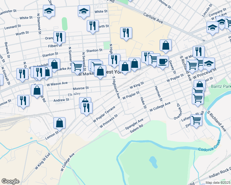 map of restaurants, bars, coffee shops, grocery stores, and more near 1435 West King Street in West York