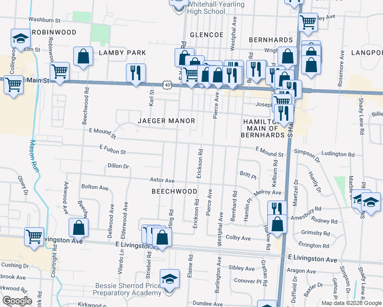 map of restaurants, bars, coffee shops, grocery stores, and more near 1132 Elaine Road in Columbus