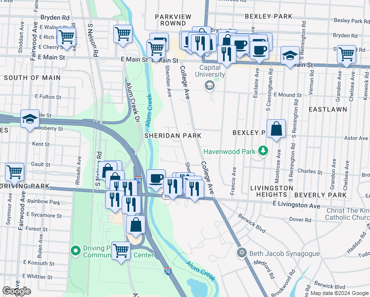 map of restaurants, bars, coffee shops, grocery stores, and more near 862 Sheridan Avenue in Columbus