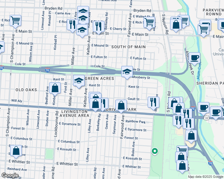 map of restaurants, bars, coffee shops, grocery stores, and more near 1574 Gault Street in Columbus