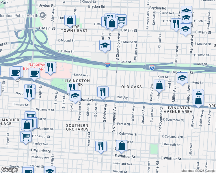 map of restaurants, bars, coffee shops, grocery stores, and more near 692 South Ohio Avenue in Columbus