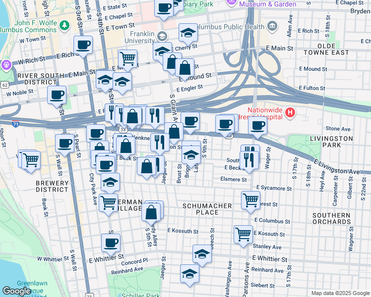 map of restaurants, bars, coffee shops, grocery stores, and more near 592 South Grant Avenue in Columbus
