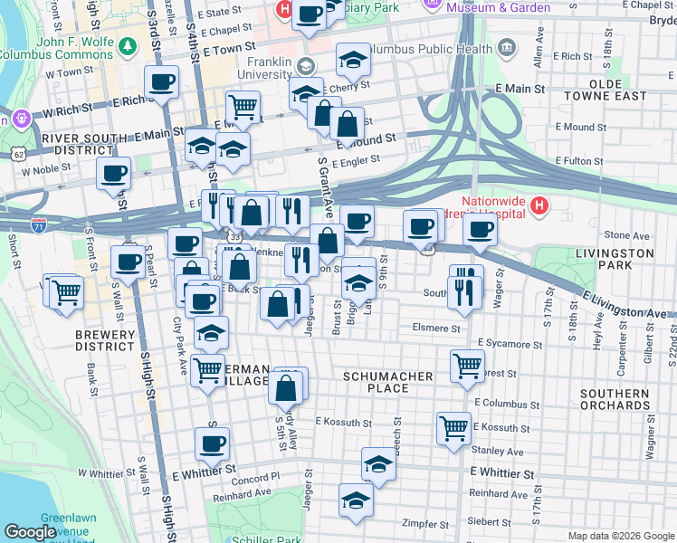 map of restaurants, bars, coffee shops, grocery stores, and more near 592 South Grant Avenue in Columbus