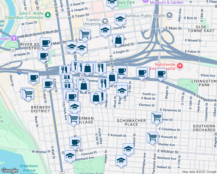 map of restaurants, bars, coffee shops, grocery stores, and more near 295 Berger Alley in Columbus