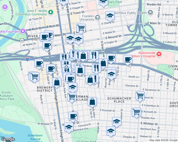 map of restaurants, bars, coffee shops, grocery stores, and more near 228 East Beck Street in Columbus